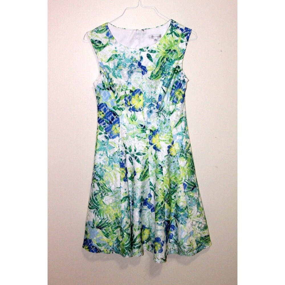 Sandra Darren Floral Blue Green Round Neck Eyelet Lace Sleeveless Lined Sz 10